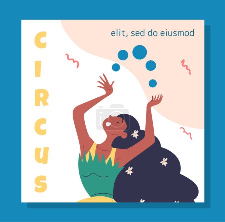 Illustration for Circus Day poster. International holiday and festival 16 April. Woman juggling balls. Juggler performing. Entertainment and leisure. Cartoon flat vector illustration isolated on blue background - Royalty Free Image