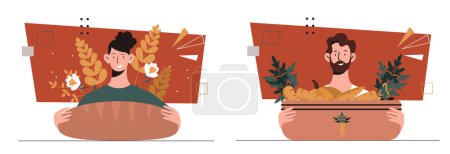 Illustration for Farmers with harvest set. Man and woman with bread and vegetables. Farming and agriculture. Guy with pumpkins and carrot. Cartoon flat vector collection isolated on white background - Royalty Free Image
