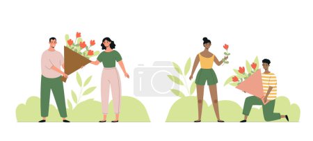 Illustration for Flowers to girlfriend set. Man and woman with bouquets. Romantic meeting and date. Love, romance and care. Happy young couple. Cartoon flat vector collection isolated on white background - Royalty Free Image