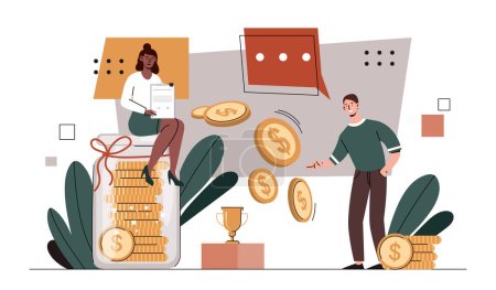 Illustration for Money remuneration concept. Man and woman with golden coins. Financial literacy and occupation, passive income. Workers and freelancers with wages and earnings. Cartoon flat vector illustration - Royalty Free Image