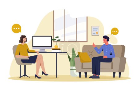 Illustration for Psychologist with client concept. Man and woman discuss together. Consultation and advice from doctor. Mental health and support. Care about psychology. Cartoon flat vector illustration - Royalty Free Image