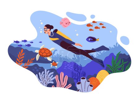 Illustration for Diving underwater woman concept. Young girl in rubber clothes with oxygen balloon swim with fishes and turtle. Scubba diver with corals and reefs, snorkeling. Cartoon flat vector illustration - Royalty Free Image
