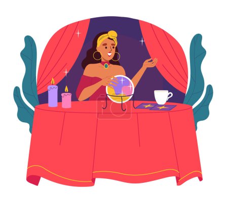 Illustration for Fortune teller concept. Woman with crystal ball. Young girl with jewelry predicts future. Character with tarot cards. Magic and sorcery. Cartoon flat vector illustration isolated on white background - Royalty Free Image