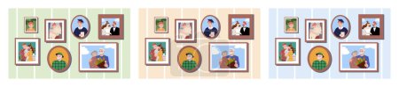 Illustration for Life photos at wall set. Memories and photographies in different frames. Life cycles and different stages. Graduation and wedding. Cartoon flat vector collection isolated on white background - Royalty Free Image