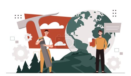 Illustration for Petrology people concept. Two men with hammer at background of road and globe. Geology and geodesy specialists team. Scientist conduct experiments. Cartoon flat vector illustration - Royalty Free Image