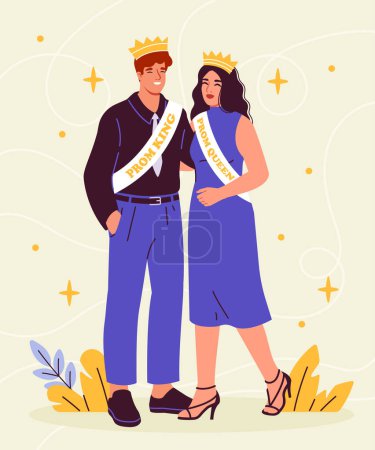 Illustration for Prom king and queen concept. Man and woman in crowns stand together and hug each other. Students at graduation party and event. Cartoon flat vector illustration isolated on beige background - Royalty Free Image