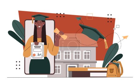 Illustration for Woman studying remotely concept. Girl in graduation cap with certificate and diploma. Education, learning and training on internet. Student with online university. Cartoon flat vector illustration - Royalty Free Image