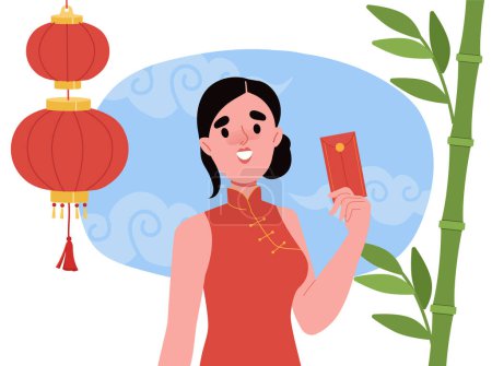 Illustration for Chinese new year concept. Woman in traditional asian clothes near red street lamps and bamboo. Annual event, traditional holiday and festival. Cartoon flat vector illustration - Royalty Free Image