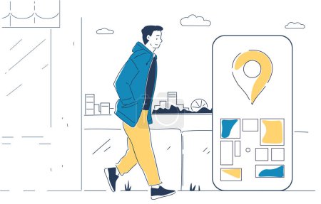 Illustration for Geolocation linear concept. Man walk at city street with smartphone with map. Address and route, navigation and GPS. Doodle flat vector illustration isolated on white background - Royalty Free Image