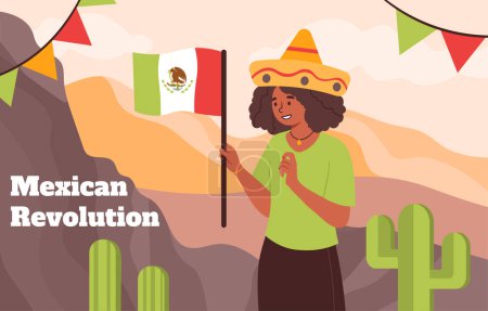 Illustration for Mexican revolution poster. Woman in sombrero with traditional flag. Spanish cculture and ethnicity, history. Young girl near cactuses and colorful flags. Cartoon flat vector illustration - Royalty Free Image