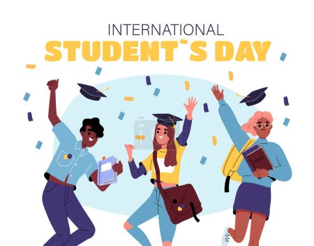 Illustration for International students day poster. Holiday and festival 17 November. Young guy and girls with graduated caps under colorful confetti. Education and learning. Cartoon flat vector illustration - Royalty Free Image