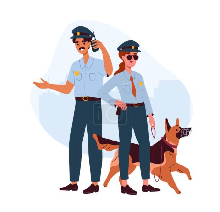 Illustration for Two policeman with dog. Man and woman in police uniform with pet at leash. Guards and officer investigate crime. Safety and protection at city streets. Cartoon flat vector illustration - Royalty Free Image