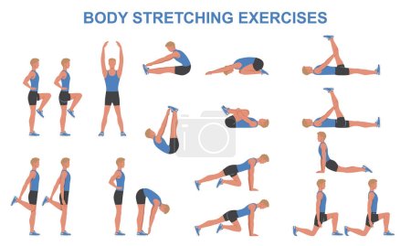 Illustration for Body stretching exercise set. Cool down after workout. Banner with physical activity for muscle and ligament flexibility. Training and sport. Cartoon flat vector collection isolated on background - Royalty Free Image
