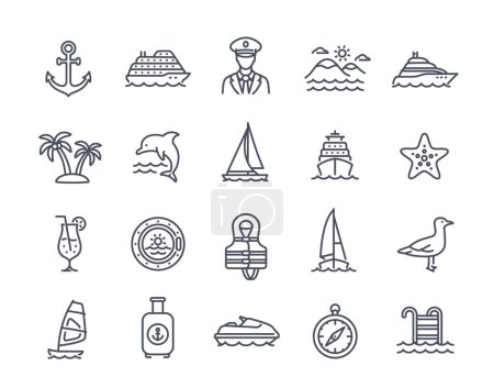 Illustration for Sea Travel line icons set. Cruise liner, yacht, seagull, sailboat and tropical islands. Design element for application or website. Outline simple vector collection isolated on white background - Royalty Free Image