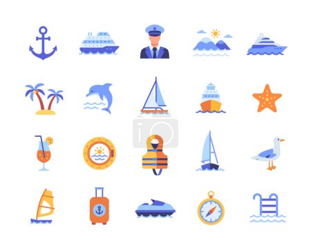 Illustration for Sea Travel color icons set. Bright signs with captain of cruise liner, anchor, dolphins swimming in sea and yacht. Design for application. Cartoon flat vector collection isolated on white background - Royalty Free Image