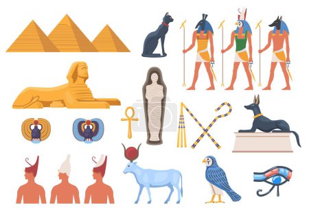 Illustration for Set of Ancient Egypt elements. Stickers with Tutankhamun, god Ra, Sphinx, Pyramids of Giza and mummy. Traditional religious symbols. Cartoon flat vector illustrations isolated on white background - Royalty Free Image
