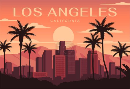 Cartel de destino de viaje. Postal con paisaje de la ciudad americana de Los Ángeles en California. Paisaje urbano con rascacielos, palmeras y sol. Turismo y vacaciones. Dibujos animados ilustración vector plano