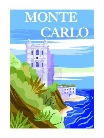 Illustration for Travel Destination Poster. Paradise seascape with beach, historical building and green hills. Vacation in European resort of Monte Carlo. Cartoon flat vector illustration isolated on white background - Royalty Free Image