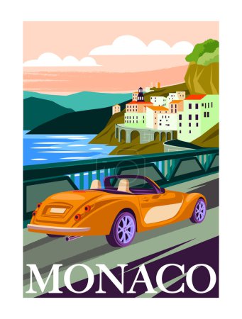Illustration for Travel Destination Poster. Cityscape of European city of Monaco and vintage car on seashore. Mediterranean vacation. Tourism and journey. Cartoon flat vector illustration isolated on white background - Royalty Free Image