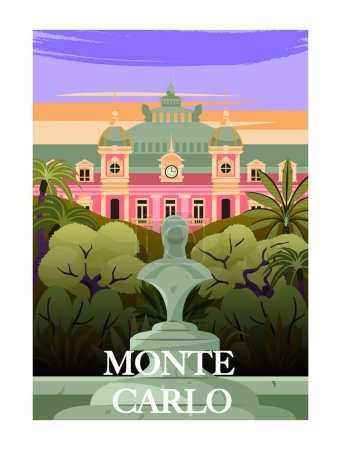 Illustration for Travel Destination Poster. Architectural landmark or historic building of Monte Carlo. Summer vacation in Europe. Tourism and journey. Cartoon flat vector illustration isolated on white background - Royalty Free Image