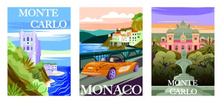 Téléchargez les illustrations : Ensemble d'affiches de destinations de voyage. Paysages de Monaco et Monte Carlo avec plage, monuments historiques et paysage urbain. Tourisme et vacances. Illustrations vectorielles plates de bande dessinée isolées sur fond - en licence libre de droit