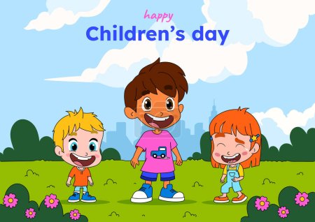 Laughing kids, boy at center, blonde boy toddler on left and a girl on right, standing on a green meadow. Capturing the spirit of happiness. Happy Childrens Day inscription above. Vector Illustration
