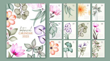 Illustration for 2023 botanical calendar. Beautiful templates with twelve months, blooming plants and watercolor flowers with leaves. Design element for print. Cartoon flat vector set isolated on green background - Royalty Free Image