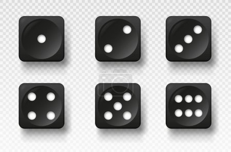 Illustration for Black dice set. Graphic elements for lotteries and table games of chance. Probability score, cube objects with shadow. Multiple numered sides of object. Realistic isometric vector illustration - Royalty Free Image