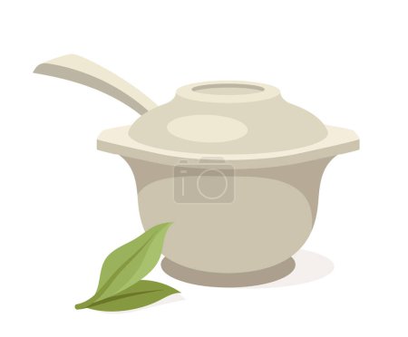 Illustration for Chinese natural medicine concept. Health care and treatment. Ceramics pot with herbs. Graphic element for website. Cartoon flat vector illustration isolated on white background - Royalty Free Image