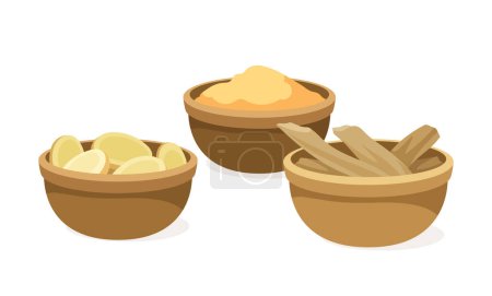 Illustration for Chinese natural medicine concept. Asian health care and treatment. Bowls with lemon slices. Sticker for social networks. Cartoon flat vector illustration isolated on white background - Royalty Free Image
