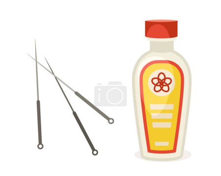 Illustration for Chinese natural medicine concept. Asian health care and treatment. Needles and pepper liquid. Sticker for social networks. Cartoon flat vector illustration isolated on white background - Royalty Free Image
