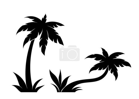 Téléchargez les illustrations : Silhouettes de palmiers ensemble. Symbole des pays tropicaux et exotiques et des îles. Arbres avec feuillage et buissons. Esthétique et élégance. Collection de vecteurs plats de dessins animés isolés sur fond blanc - en licence libre de droit