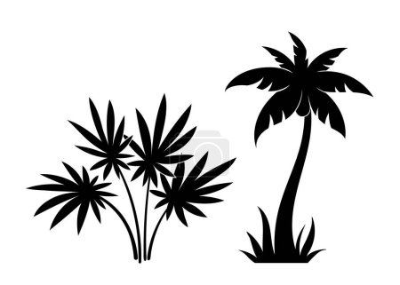 Téléchargez les illustrations : Silhouettes de palmiers ensemble. Symbole des pays tropicaux et exotiques et des îles. Arbres avec feuillage et buissons. Carnet et dépliant. Collection de vecteurs plats de dessins animés isolés sur fond blanc - en licence libre de droit