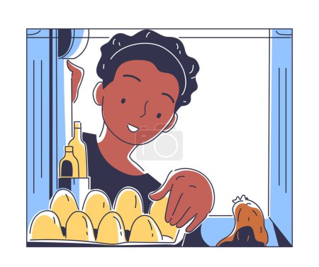 Ilustración de Persona abierta frigorífico garabato. La mujer toma el paquete con huevos. Escena de la cocina. Pegatina para redes sociales y mensajeros. Ilustración simple de vector plano aislado sobre fondo blanco - Imagen libre de derechos