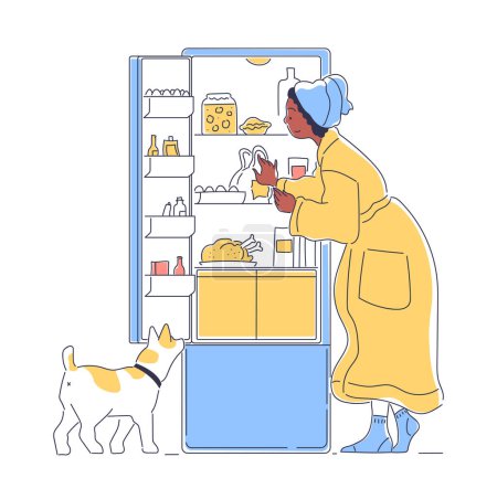 Ilustración de Persona abierta frigorífico garabato. Mujer tomar productos naturales y orgánicos. Escena de la cocina. La rutina diaria y la vida. Ilustración simple de vector plano aislado sobre fondo blanco - Imagen libre de derechos