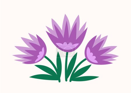 Téléchargez les illustrations : Bouquet avec concept de fleur de printemps. Fleurs violettes avec feuilles. Vie sauvage et flore. Botanique et floristique. Sticker pour les réseaux sociaux. Illustration vectorielle plate de bande dessinée isolée sur fond blanc - en licence libre de droit
