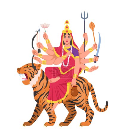 Illustration for Navratri woman concept. Traditional indian goddess. Template and layout. Religion holiday and festival. Young girl at tiger. Cartoon flat vector illustration isolated on white background - Royalty Free Image
