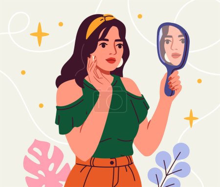 Illustration for Person with mirror concept. Woman look at reflection. Self confidence and acceptance. Feelings and facial expression. Cartoon flat vector illustration isolated on yellow background - Royalty Free Image