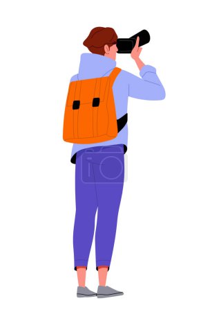 Person standing turned backside. Woman stand with camera. Character go away in casual clothes. Graphic element for website. Cartoon flat vector illustration isolated on white background