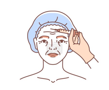 Plastic surgery face doodle. Woman with antiaging procedures. Doctor inject cosmetics product. Beauty treatment and skin care. Linear flat vector illustration isolated on white background