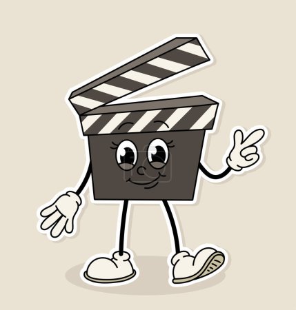 Retro cinema sticker. Clapperboard with legs and hands. Film and series industry. Emoji and emoticon. Graphic element for website. Cartoon flat vector illustration isolated on beige background