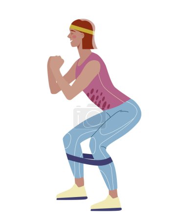 Illustration for Sports activity person concept. Woman squatting with rubber ribbon. Active lifestyle and leisure. Fitness and workout. Poster or banner. Cartoon flat vector illustration isolated on white background - Royalty Free Image