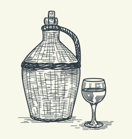 Elegant pencil sketch featuring wine bottle in woven basket, sealed with cork, accompanied by wine glass. Vector illustration captures sophistication of wine culture. Tasteful addition to your designs