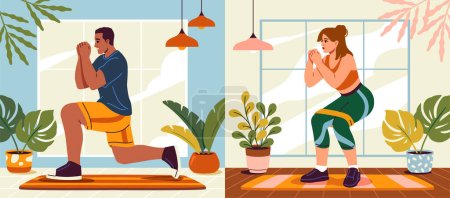 Home exercise. Young man and young woman doing squats at home. How to keep fit indoors. Fitness and morning workout in cozy interior. Healthy lifestyle and wellness concept. Flat vector illustration