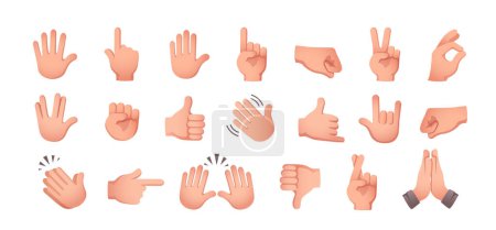 Set of stickers with hand gestures. Colorful icons with hands emoticons. Thumbs up, fist, okay, peace, applause, greeting, thumbs down. Cartoon flat vector collection isolated on white background