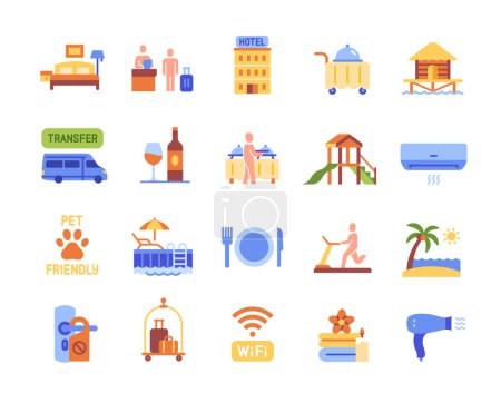 Set of Resort Hotel Related Colorful Icons. Bright signs with apartment reservations, buffet, transfer to hotel, beach and free WiFi. Cartoon flat vector collection isolated on white background