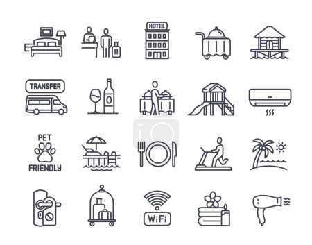 Set of Resort Hotel Related Line Icons. Thin signs with hotel, transfer, luggage, buffet and beach. Tourism and travel. Editable Stroke. Outline simple vector collection isolated on white background