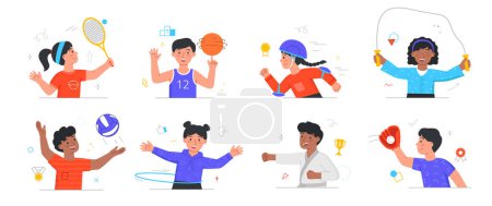 Happy children playing sport game. Set of boys and girls playing basketball, volleyball. Characters rollerblade, spin hoop and perform exercises. Cartoon flat vector collection isolated on white