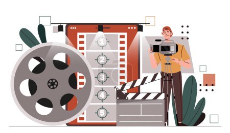 Illustration for Cameraman with equipment. Man with camera and tape reel. Film industry, movie and series production. Guy shoot interesting content. Cartoon flat vector illustration isolated on white background - Royalty Free Image