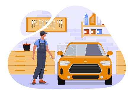 Car repair service. Man in uniform near yellow vehicle. Repairman at workplace with equipment. Modernization and tuning. Cartoon flat vector illustration isolated on white background